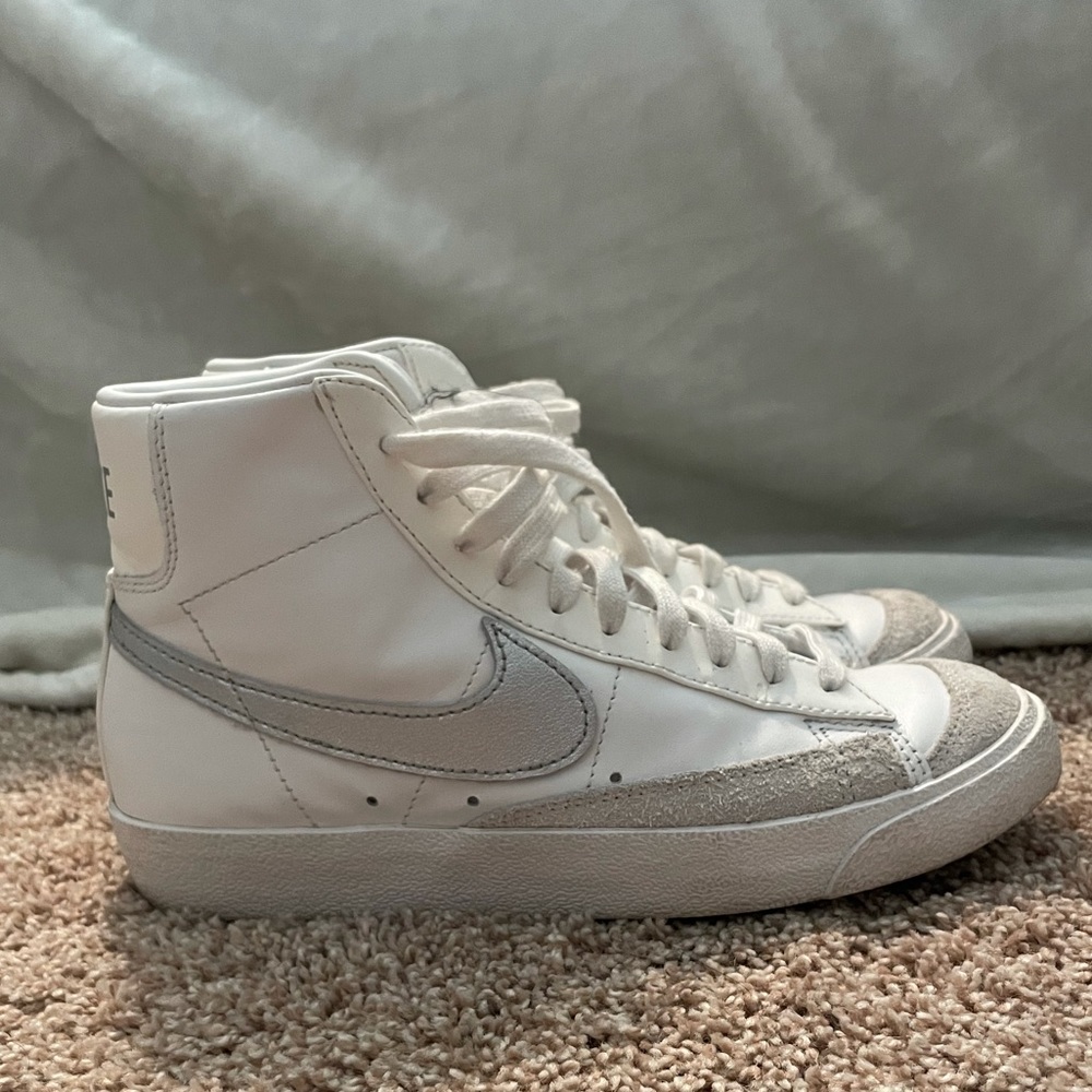White and Silver Nike Blazer Mids